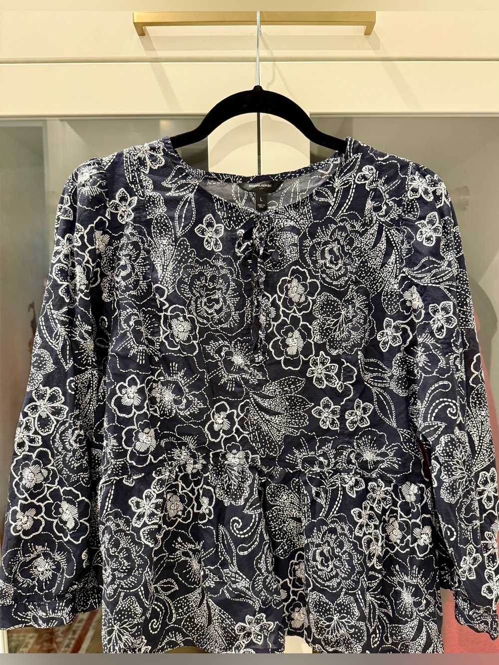 Banana Republic Navy White Floral Puff Sleeve Blouse Size L